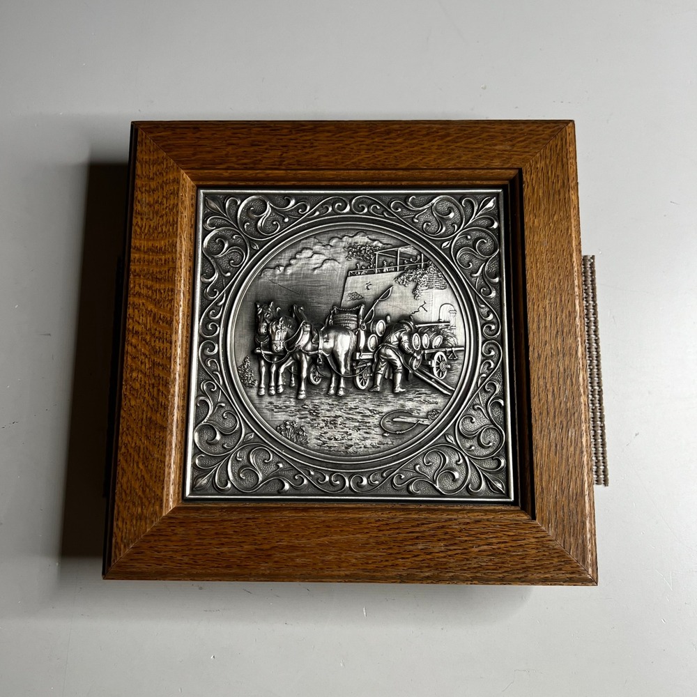 Vintage SKS Zinn 95 Pewter Relief Horse Beer Wagon Oak Key Cabinet Germany